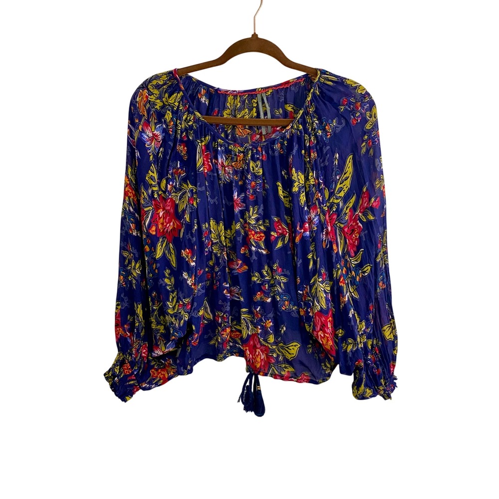 Anthropologie Boho Floral Peasant Blouse Tassel Tie Viscose Top Purple Size S
